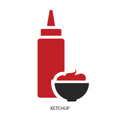 Ketchup. Delicious red tomato sauce in a bottle and a serving bowl. Vector illustration isolated on a white background for design and web.