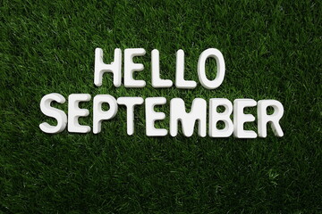Hello September alphabet letter on green grass background