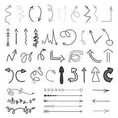 Arrows. Infographic elements on white background. Black symbols for design. Hand drawn simple signs. Line art. Set of different doodles for work
