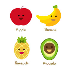 cute fruit collection cartoon characters set. apple, banana, pineapple, avocado