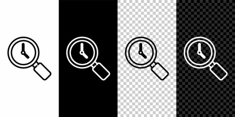 Set line Magnifying glass with clock icon isolated on black and white background. Vector