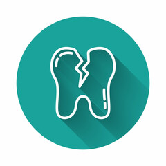 White line Broken tooth icon isolated with long shadow. Dental problem icon. Dental care symbol. Green circle button. Vector