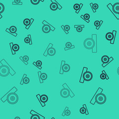 Black line Otolaryngological head reflector icon isolated seamless pattern on green background. Equipment for inspection the patients ear, throat and nose. Vector