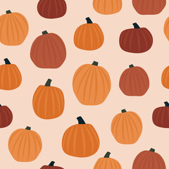 Cute rustic pumpkin seamless pattern. Multi color, hand drawn, organic pumpkins. Colorful orange, red and yellow design. Halloween, Autumn and Fall season aesthetic. Repeat background wallpaper. 