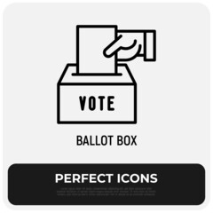 Fototapeta premium Ballot box, hand puts envelope with vote in box. Thin line icon. Modern vector illustration.