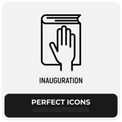 Obraz premium Hand on constitution thin line icon, oath on inauguration. Modern vector illustration.