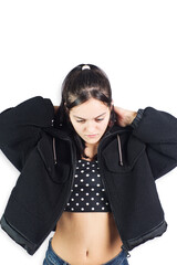 Hispanic teenage woman wearing black sheep jacket on white background. Fashion concept