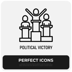 Political victory thin line icon, man at tribune with hands up. Modern vector illustration.