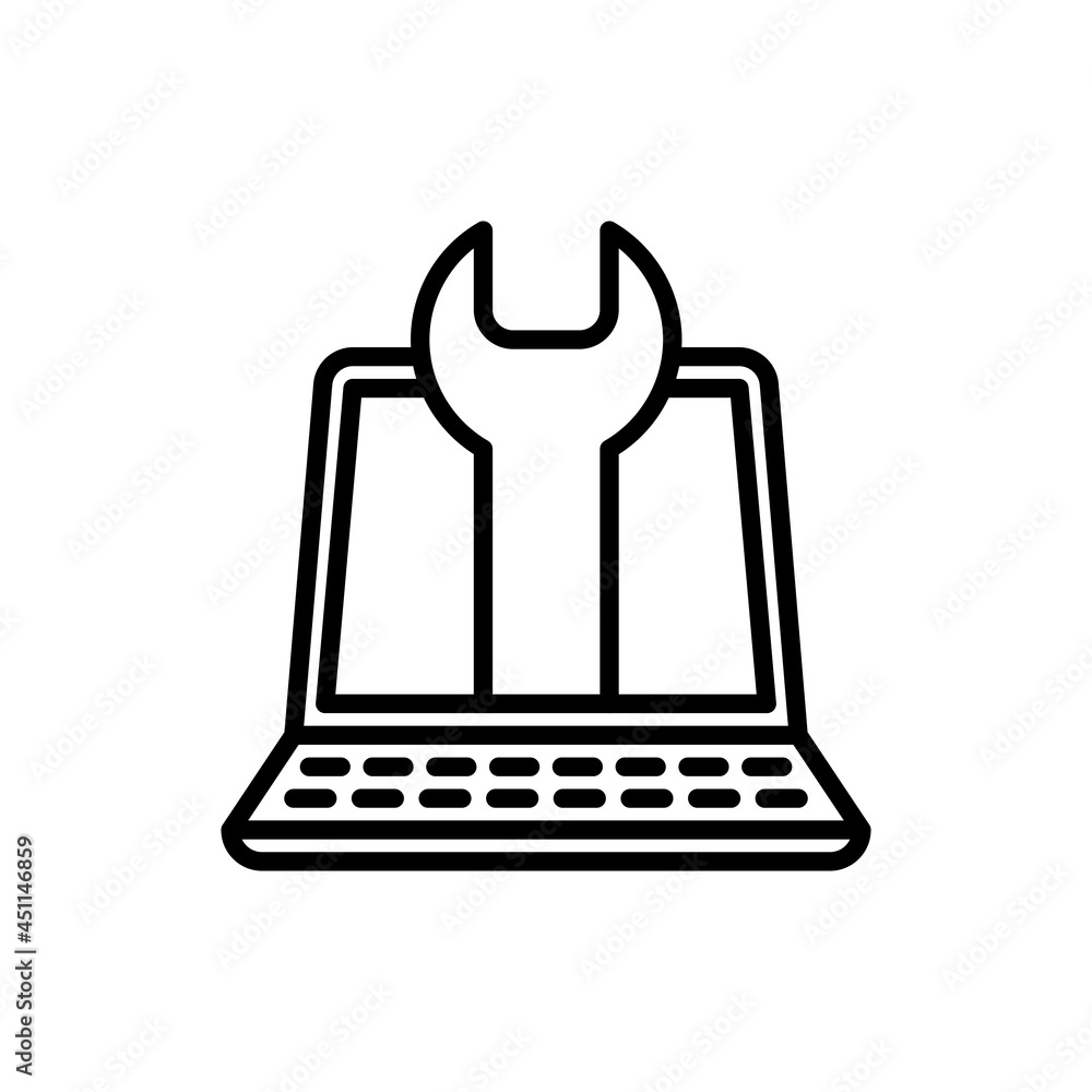 Poster technical support: open laptop with wrench thin line icon. it support. modern vector illustration.