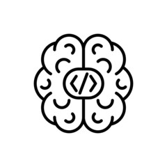 Programmer's thinking thin line icon, human brain with code symbols. Developer, professional solution for web development. Vector illustration.