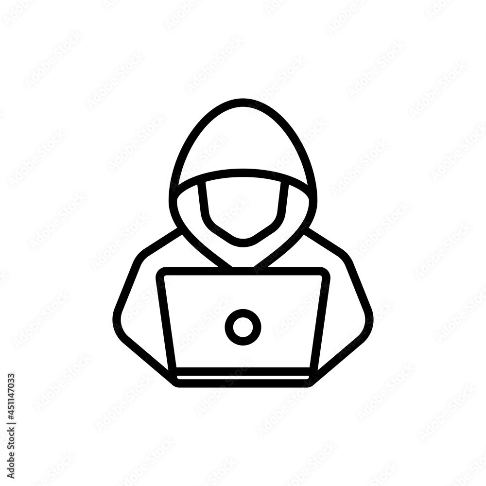 Poster hacker in hood with laptop thin line icon. modern vector illustration.