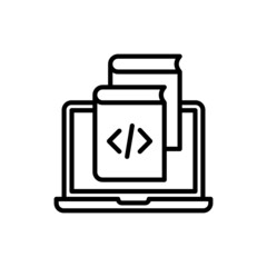 Programming languages thin line icon, open laptop with books, online education. Modern vector illustration.