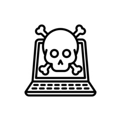 Computer virus thin line icon, open laptop with skull. Modern vector illustration.
