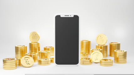 Smartphone golden model mock up with golden coin stacks, business finance investment profit...