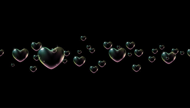 Black background with rainbow colored heart-shaped soap bubbles for Valentine card. Vector