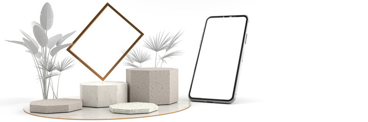 3D rendering of The golden photo frame on octagon marble Pedestal, Mobile phone mockup tilted to the ground. Pedestal can be used for commercial advertising, Isolated on Minimal white background.