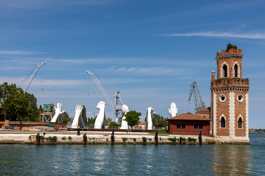 Lorenzo Quinn's Giant Stone Hands Represent Humanity’s Universal Values At Venice Art Biennale in Venice, Italy