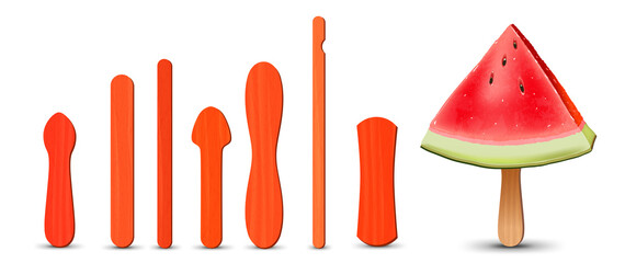 Set of realistic popsicle sticks. Watermelon piece on popsicle stick. Vector illustration, summer season.