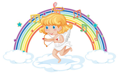 Cupid girl holding arrow and bow with melody symbols on rainbow