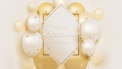 Happy birthday card with luxury balloons and ribbon 3d style realistic on cream shade background. vector illustration for design.