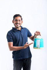 Indian man holding water bag or jar in hand