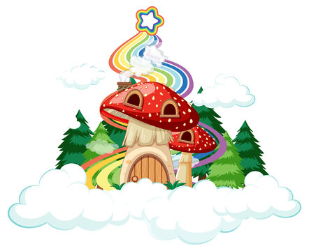 Mushroom house on the cloud with rainbow