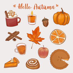 Set of hand drawn autumn atmosphere elements. Isolated fall sticker collection.