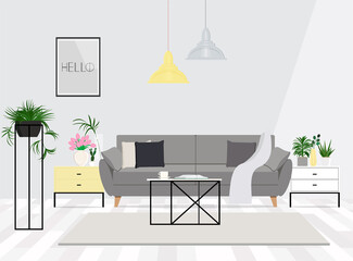 Cozy room design in gray tones with indoor plants