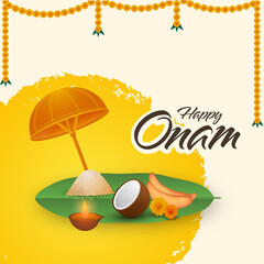 Happy Onam Font With Olakkuda (Umbrella), Sadhya Food, Lit Oil Lamp, Marigold Toran On Yellow And Beige Background.