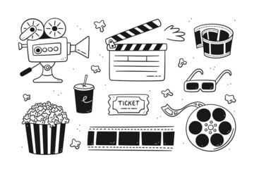 Hand drawn cinema set with movie camera, clapper board, cinema reel and tape, popcorn in striped box, film ticket and 3d glasses. Vector illustration isolated in doodle style on white background. - obrazy, fototapety, plakaty