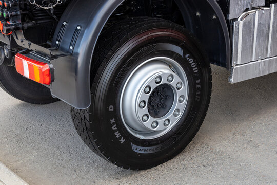 Rear wheels of a truck with new Goodyear KMAX D tires, close-up. New tubeless tires on a truck. Moscow, Russia - May 25, 2021
