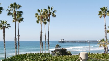 Pacific ocean beach, green palm trees and pier. Sunny day, tropical waterfront resort. Vista...