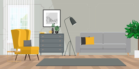 Interior design room with yellow armchair window and gray sofa