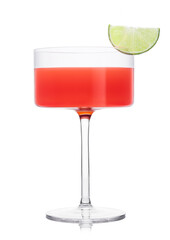 Cosmopolitan cocktail in modern crystal glass with lime slice on white.