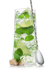 Luxury glass of Mojito summer alcoholic cocktail with ice cubes mint and lime on white with cane sugar and steel spoon