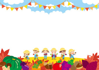 Obraz na płótnie Canvas 新鮮な秋の作物を収穫する可愛い子供たちのイラスト　フレーム　コピースペース　秋の収穫祭