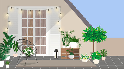 A sunny balcony on the top floor by the roof with a cozy green corner for relaxation. - obrazy, fototapety, plakaty