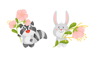 Adorable baby animals holding spring flower set. Lovely raccoon, bunny standing with wild flowers cartoon vector illustration