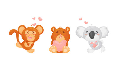 Adorable baby animals with pink hearts set. Lovely happy monkey, bear, koala holding heart cartoon vector illustration
