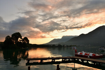 Annecy, France. Lake Annecy at sunrise time, July 29, 2021.