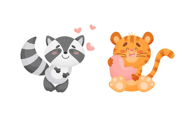 Adorable baby animals with pink hearts set. Lovely happy raccoon, cat holding heart cartoon vector illustration