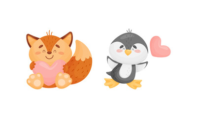 Adorable baby animals with pink hearts set. Lovely happy fox, penguin holding heart cartoon vector illustration