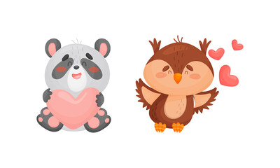 Adorable baby animals with pink hearts set. Lovely happy panda, bear, bird holding heart cartoon vector illustration