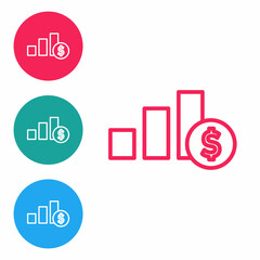 Red line Pie chart infographic and dollar symbol icon isolated on white background. Diagram chart sign. Set icons in circle buttons. Vector