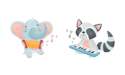 Adorable animals playing musical instruments set. Cute elephant, raccoon playing accordion, synthesizer cartoon vector illustration