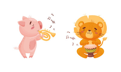 Adorable animals playing musical instruments set. Cute piglet, lion playing trumpet, drum cartoon vector illustration