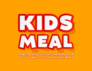 Vector creative sign Kids Meal with Sticker style Font. Funny playful Alphabet Letters and Numbers set
