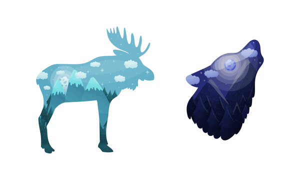 Silhouettes of moose and wolf wild animals with natural landscape inside vector illustration