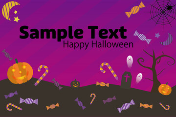 紫背景ベースのハロウィン背景、たくさんのお菓子と幽霊、おばけカボチャ、テキストスペース有り