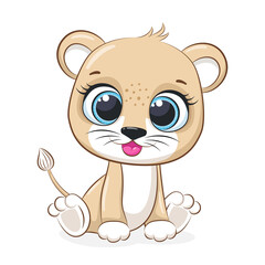 Naklejka premium Cute lion sits and smiles.Cartoon vector illustration.